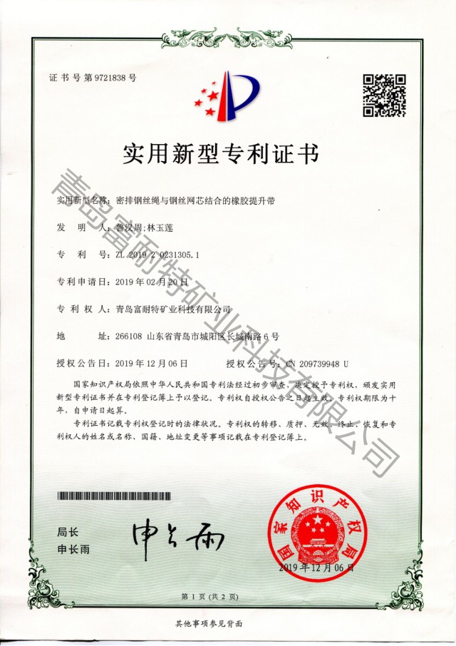 密排鋼絲繩與鋼絲繩芯接合的橡膠提升帶 **證書